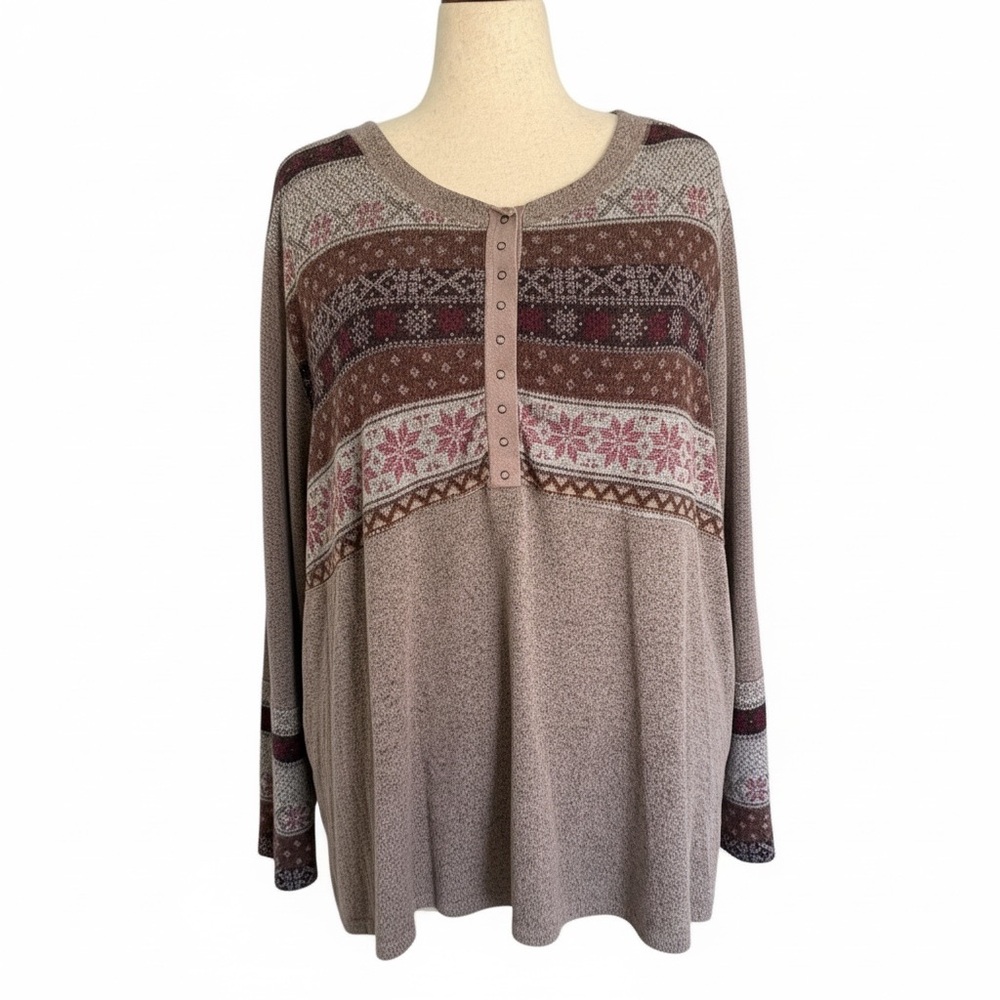 👚 Lane Bryant 24/7 Brown Fair Isle Heartland Henley Tee – Size 4X 👚 - Picture 3 of 9